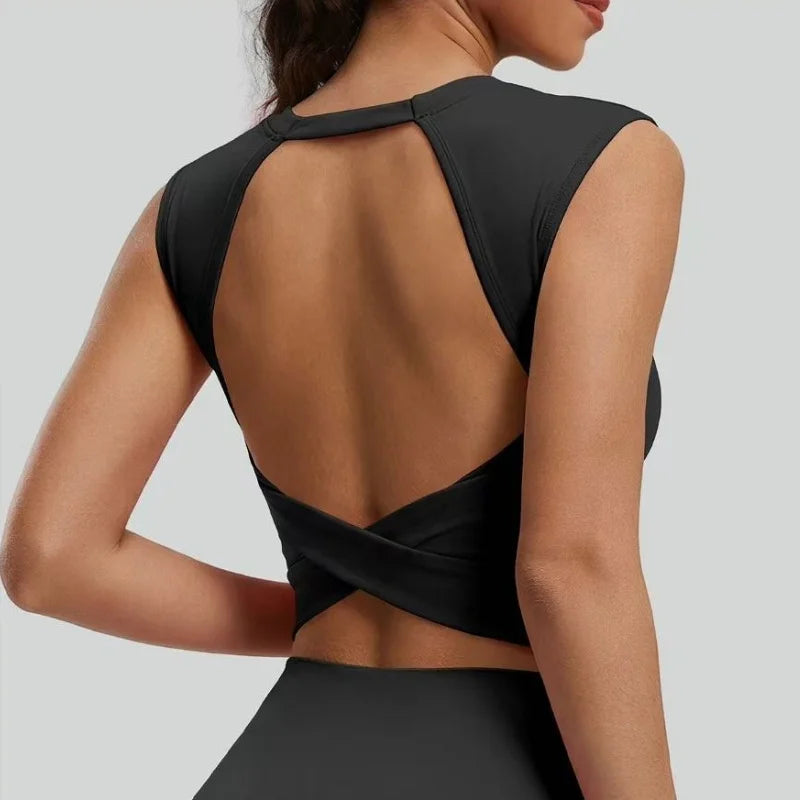 Women's Sexy Backless Cropped Yoga Tank Top with Fixed Pads - Quick Dry, Moisture Wicking, Slim Fit Workout T-Shirt for Gym Fitn