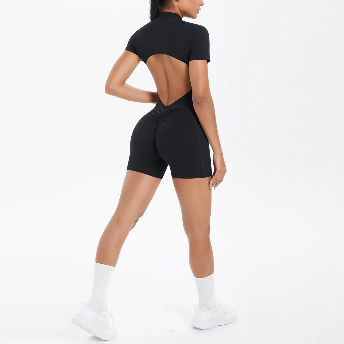Hollow Out Backless Short Sleeved Zipper Jumpsuit for Woman Jumpsuit Yoga Suit One-Piece Legging Short Push Up Gym Yoga Clothing