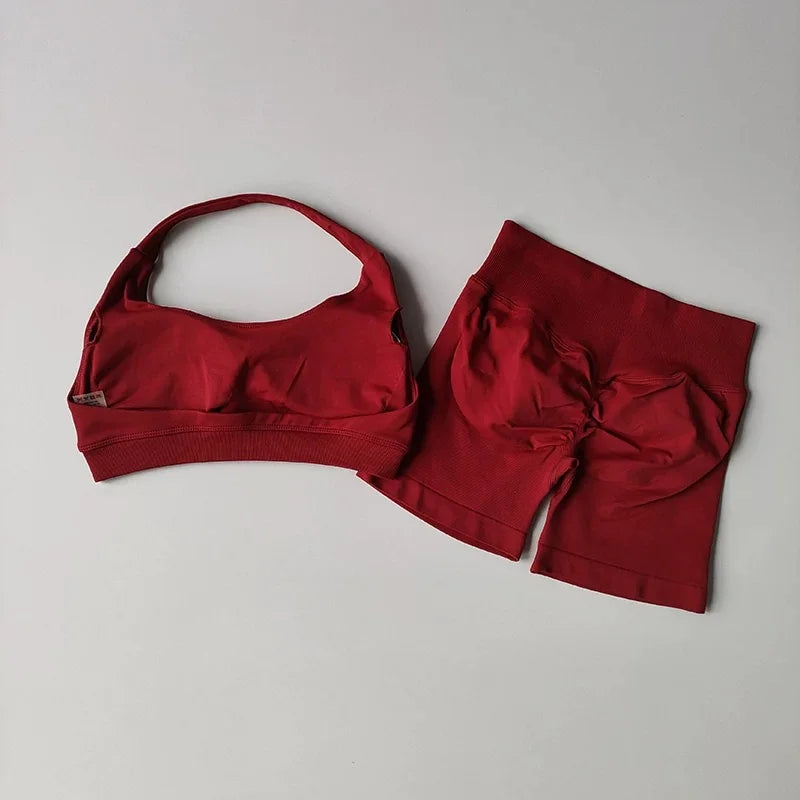 Women Halter Open‑Back Seamless Summer Set Breathable Sculpt Top High‑Waist Peach Biker Shorts 2‑Piece Yoga Gym Running Outfit