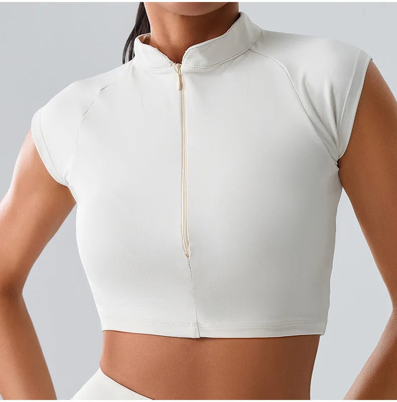 Women Yoga Top Zipper Sport T Shirts Push Up Fitness Clothes Workout Short Sleeve Yoga Shirt Gym Top Quick Drying Running Top