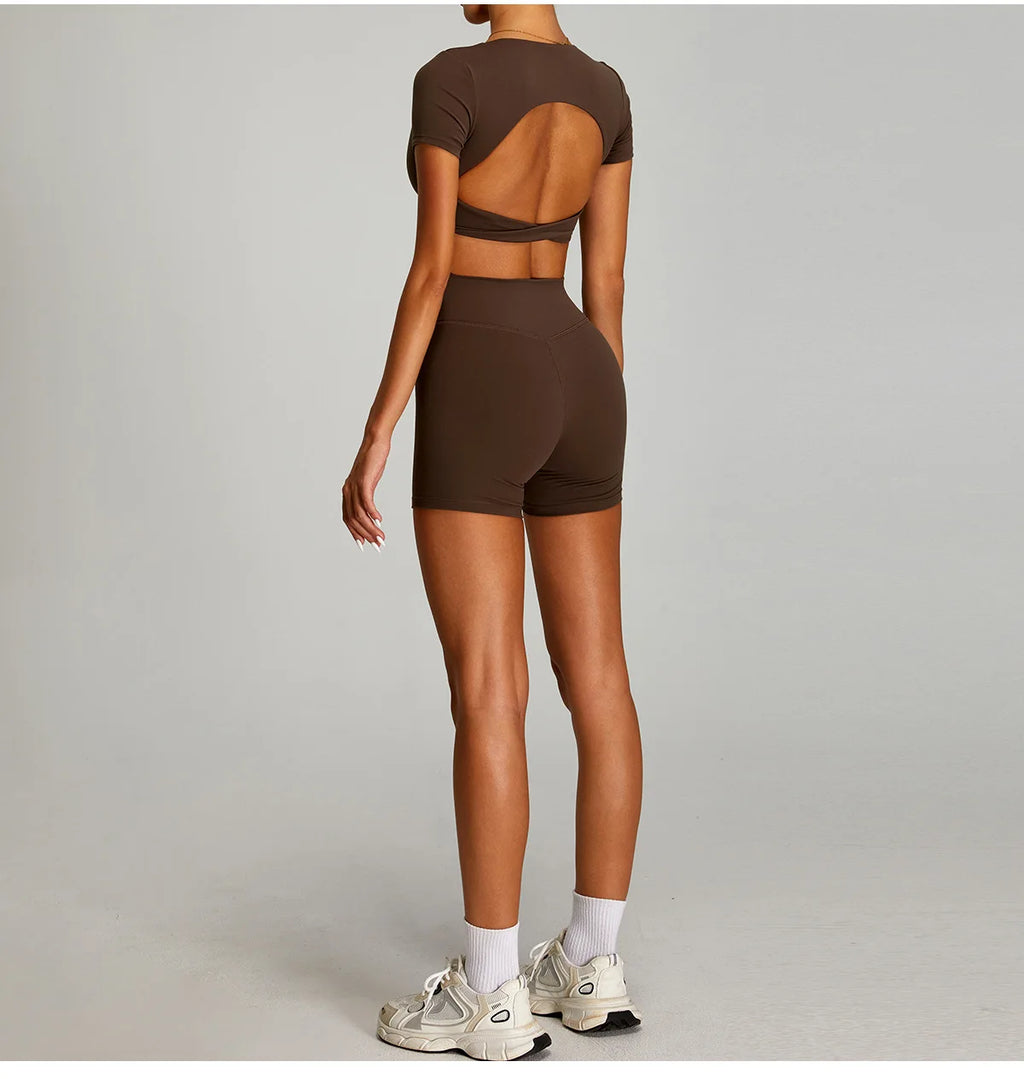 Sexy Sports Shirts Breathable Short Sleeves Workout Tops Fitness Female Backless Yoga Clothing Sport Crop Tops Women Gym Top