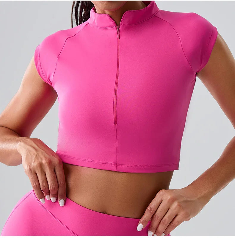 Women Yoga Top Zipper Sport T Shirts Push Up Fitness Clothes Workout Short Sleeve Yoga Shirt Gym Top Quick Drying Running Top