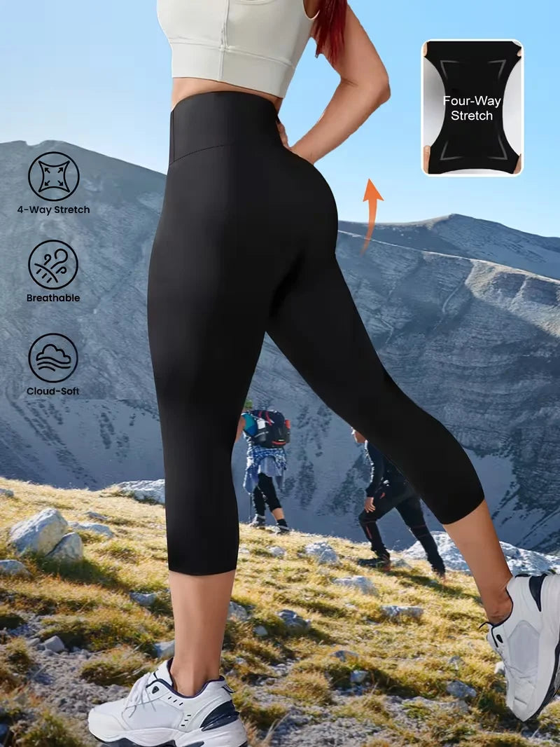 Womens High Waisted 7 Length Non See Through Leggings Ultra Soft Compression Tummy Control Yoga Workout Pants Plus Size Shorts