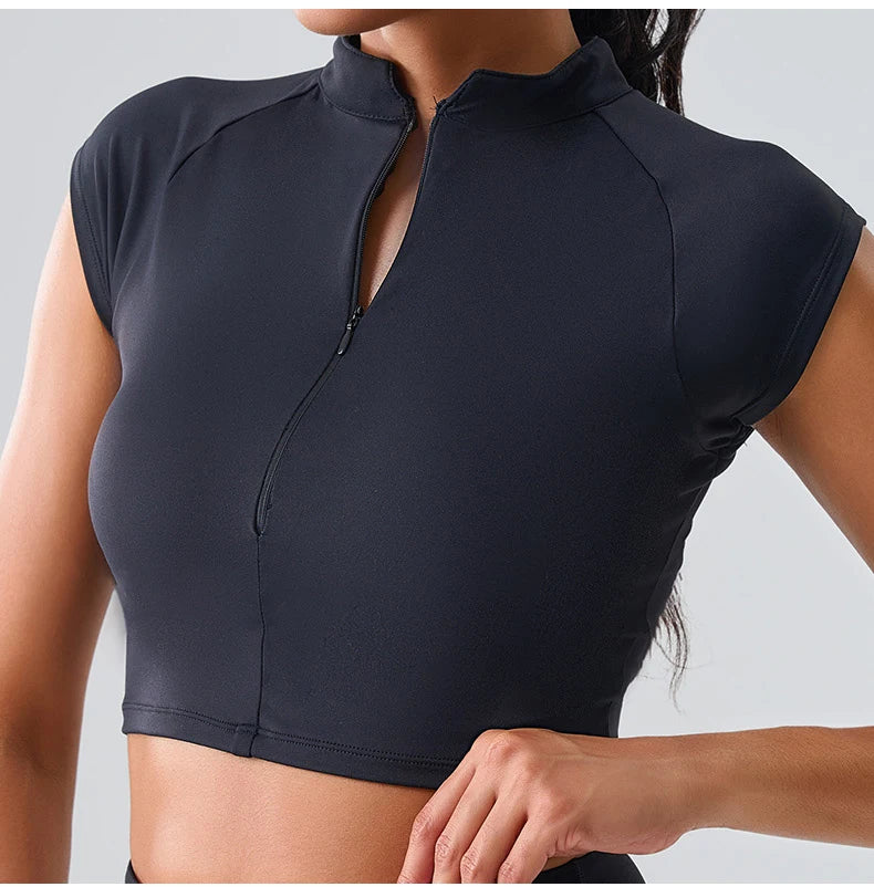 Women Yoga Top Zipper Sport T Shirts Push Up Fitness Clothes Workout Short Sleeve Yoga Shirt Gym Top Quick Drying Running Top