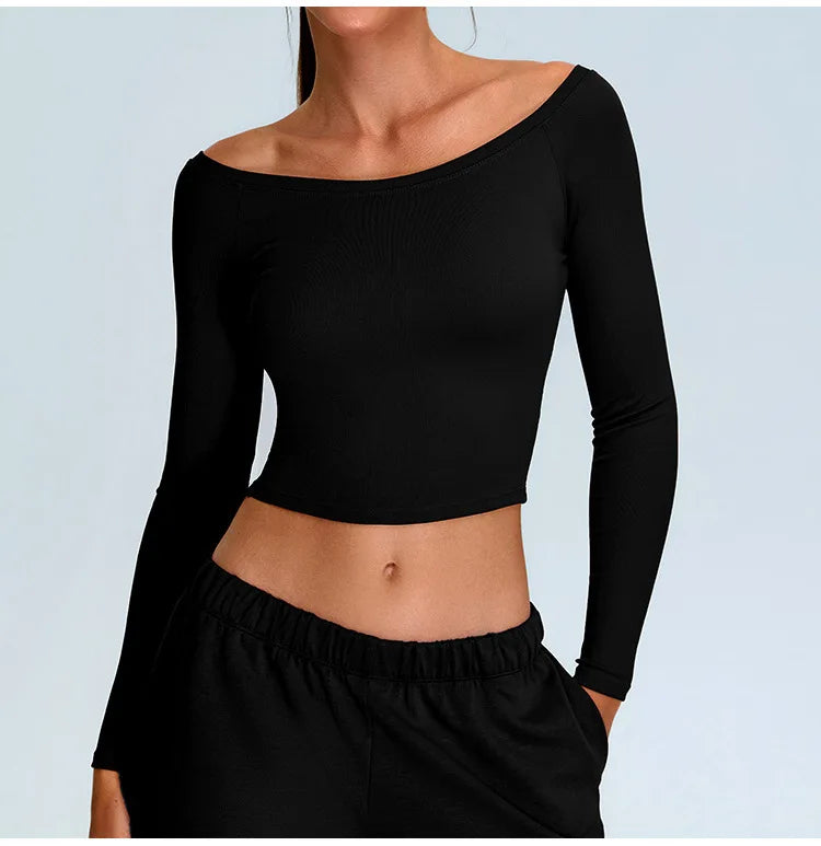 Off Shoulder Long Sleeve Yoga T-shirts Women Solid Sports Top Gym Workout Running Shirts Sexy Quick Dry Fitness Gym Sport Wear