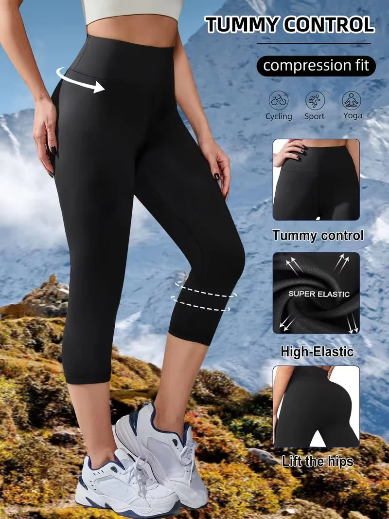 Womens High Waisted 7 Length Non See Through Leggings Ultra Soft Compression Tummy Control Yoga Workout Pants Plus Size Shorts