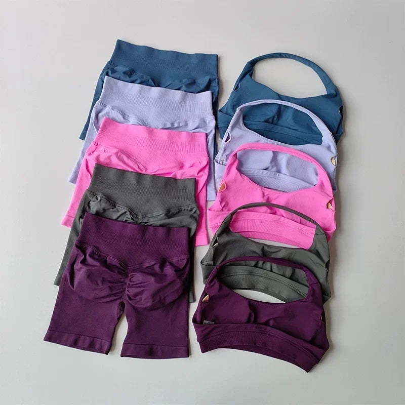 Women Halter Open‑Back Seamless Summer Set Breathable Sculpt Top High‑Waist Peach Biker Shorts 2‑Piece Yoga Gym Running Outfit