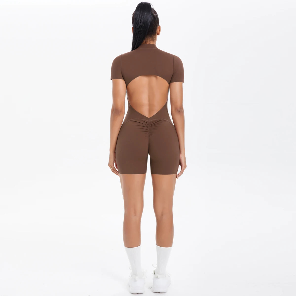 Hollow Out Backless Short Sleeved Zipper Jumpsuit for Woman Jumpsuit Yoga Suit One-Piece Legging Short Push Up Gym Yoga Clothing