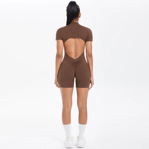 Hollow Out Backless Short Sleeved Zipper Jumpsuit for Woman Jumpsuit Yoga Suit One-Piece Legging Short Push Up Gym Yoga Clothing