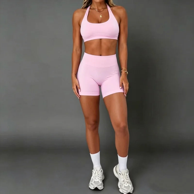 Women Halter Open‑Back Seamless Summer Set Breathable Sculpt Top High‑Waist Peach Biker Shorts 2‑Piece Yoga Gym Running Outfit