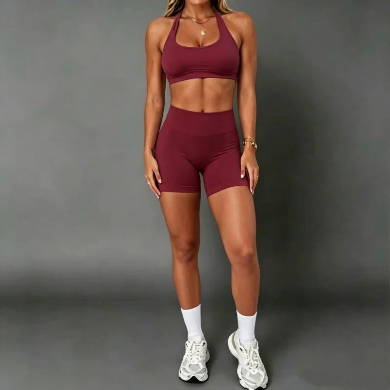 Women Halter Open‑Back Seamless Summer Set Breathable Sculpt Top High‑Waist Peach Biker Shorts 2‑Piece Yoga Gym Running Outfit