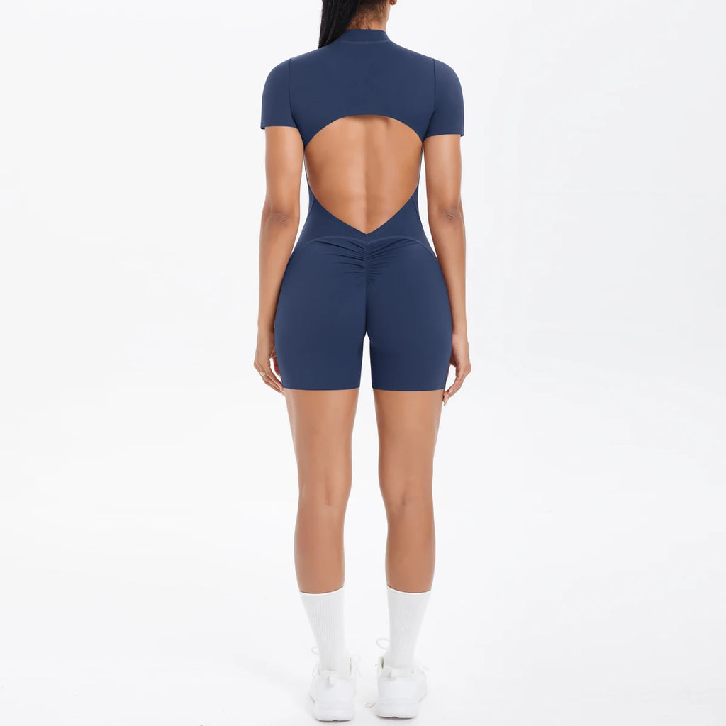 Hollow Out Backless Short Sleeved Zipper Jumpsuit for Woman Jumpsuit Yoga Suit One-Piece Legging Short Push Up Gym Yoga Clothing