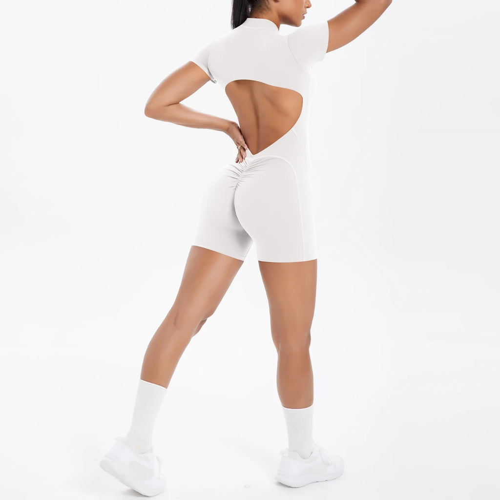 Hollow Out Backless Short Sleeved Zipper Jumpsuit for Woman Jumpsuit Yoga Suit One-Piece Legging Short Push Up Gym Yoga Clothing