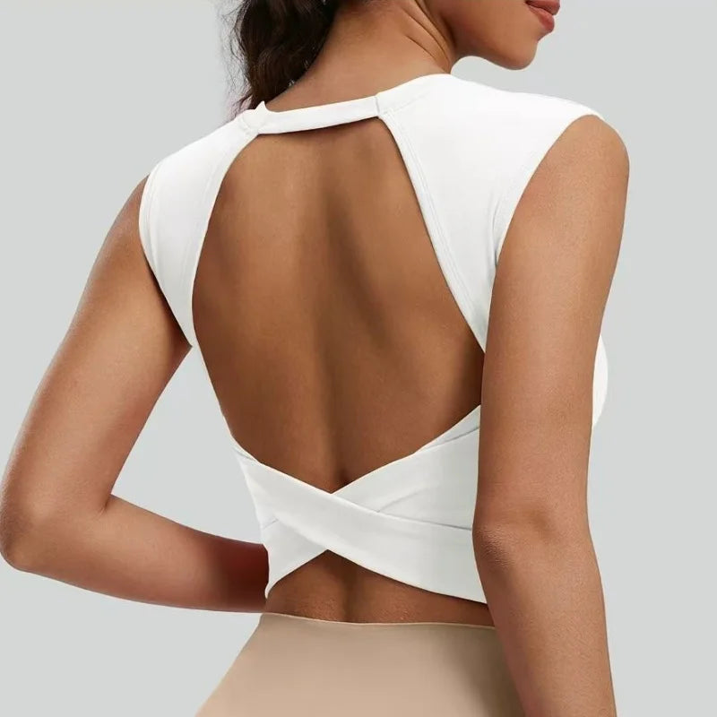 Women's Sexy Backless Cropped Yoga Tank Top with Fixed Pads - Quick Dry, Moisture Wicking, Slim Fit Workout T-Shirt for Gym Fitn